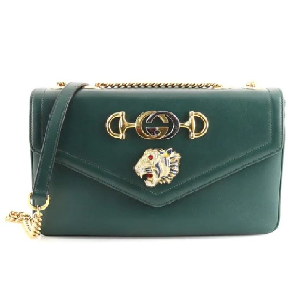 Gucci Rajah Chain Shoulder Bag Leather Medium Gold Dark Green Handbag Vitello NW